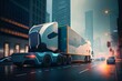 Zukunft des autonomen Frachttransports, AV - Lastwagen, generative KI, LKW, Lastkraftwagen ihm Hintergrund windkraftanlagen und dunkle Wolken