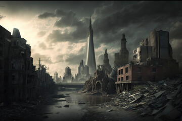 Canvas Print - Apocalyptic view of destroyed world, post apocalypse after world war, Generative AI.