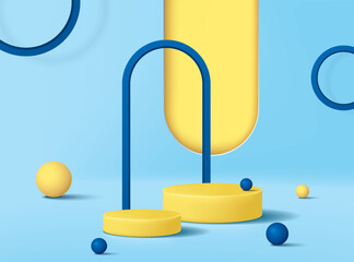 Wall Mural - Yellow pedestal or podium with balls on blue background.
