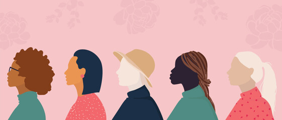 Women of different ethnicities together.  vector illustration of woman head silhouette. concept of International woman's day, mother's day.