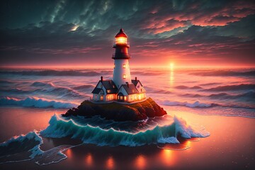 Wall Mural - Beautiful lighthouse adorned nighttime seascape with a gloomy sky at sunset by Generative AI