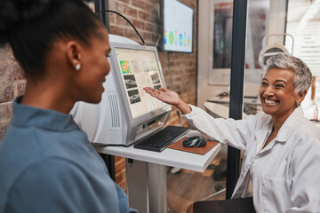 Eyecare, optometry and optician on computer doing a eye test for a patient for vision in a clinic. Ophthalmology, healthcare and woman optometrist doing exam for prescription lenses in optical store