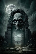 Cemetery Gate With Ghost And Moon In The Background, Spooky Background, Generative Ai