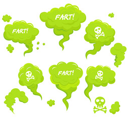 Green toxic fart. Green cartoon clouds of gas with comic style text Fart . Stinky clouds set. Flatulence symbol. Steam chemicals smoke, body bad scent garbage odor effect. Vector illustration