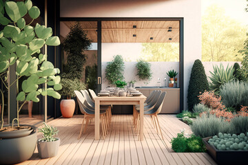 Wall Mural - generative ai illustration of modern Wooden terrace with wooden table and chairs, food on the table, many green plants, modern look, great modern house in the background