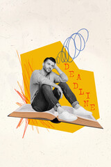 Poster - Poster magazine banner collage of university student guy sit paper book prepare exam till deadline on drawing background
