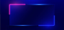 Rectangular Neon Blue And Pink Lighting Effect Frame On Dark Blue Background With Copy Space For Text. Technology Futuristics.