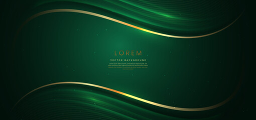 Wall Mural - 3d gold curved lines on dark green background with lighting effect and sparkle with copy space for t