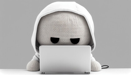 Canvas Print - Cute anonymous hacker with white hoodie typing computer laptop. Concept of ethical hacking. Cybersecurity, Cybercrime, Cyberattack.