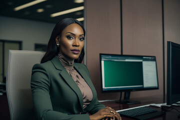 Generative AI. A young African woman sitting in the office 