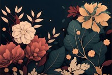 Colorful Floral Wallpaper Or Pattern For Card Design On A Dark Black Background