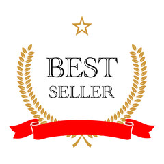 Wall Mural - best seller golden laurel wreath with star, red ribbon and black text. vector quality badge, emblem,