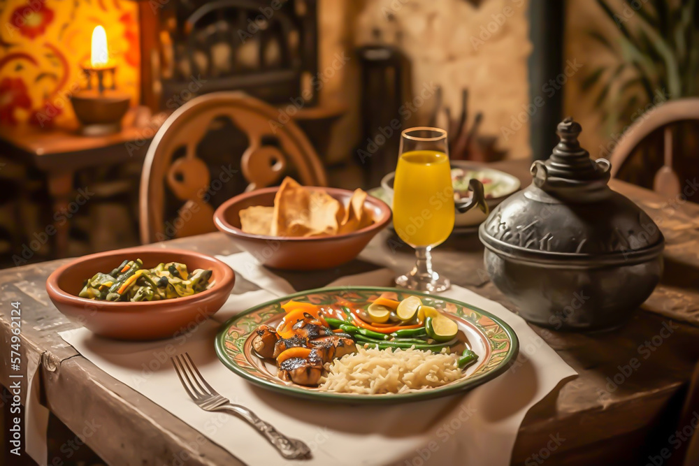 The table in the restaurant with Spanish cuisine, , Spanish typical, comida española, tradicional, in a old restaurant, generative ai