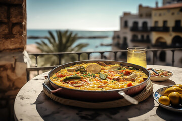 The table in the restaurant with Spanish paella with seafood served in a pan. Fresh Shrimp, Scampi, mussels, squid, octopus and scallops. fire background, 
, generative ai