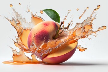 Peach fruit with juice splash on white background. Generative AI