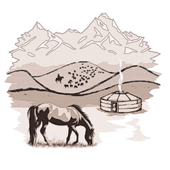 Wall Mural - Sketch on the topic of life in Central Asia, grazing horse and yurt, vector illustration