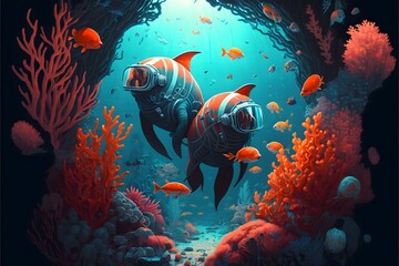 Wall Mural - Funny poster of fishes wearing scuba diving equipment underwater