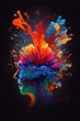 Abstract human head exploding with colourful paint on a dark background, generative AI