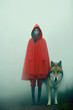 A modern fairy tale about Little Red Riding Hood and the Wolf, a girl with a red cloak in a modern version, in the fog of dirty streets. Generative AI.