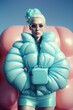 © Uncanny Valley - Fashion modern pastel concept of young beautiful girl posing in thick winter blue on pink background. Generative AI.