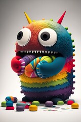 Little cute colorful creature, baby fluffy monster vivid color eating candy on white background. An abstract toy from a child imagination. Generative AI.