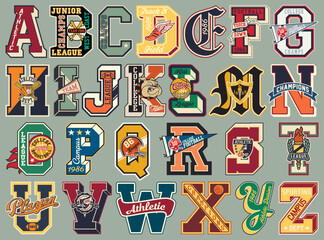 varsity collegiate athletic letters font alphabet patches vintage vector artwork for sport print and