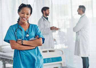 Wall Mural - Healthcare, nurse and confidence, portrait of black woman in hospital for support, success and help in medical work. Health, wellness and medicine, confident nurse with smile, stethoscope and doctors