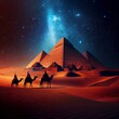 The Pyramids of Giza by night in Egypt. AI Generative