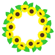 Wreath Of Sunflowers. Round Floral Frame With Space For Text. Template For Greeting Card, Invitation Card With Sunflowers
