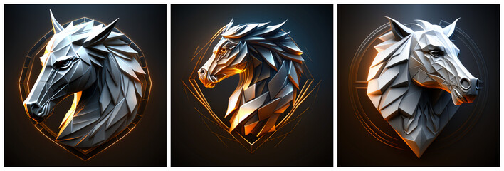 Set of horse head emblems on dark background. Generative AI.