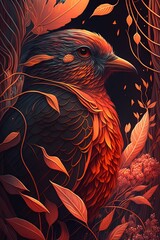 Poster - Generative AI  illustration of a beautiful bird in the forest with autumn leaves.