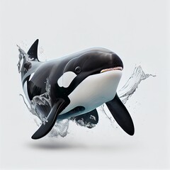 Wall Mural - Beautiful killer whale jumping out of water, isolated on white background. Generative AI