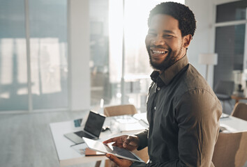 Aufkleber - Business, portrait and smile of black man with tablet in office for research, internet browsing or web scrolling. Ceo, boss and happy male entrepreneur with technology laughing at meme in company.