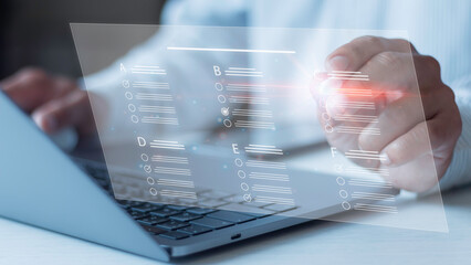 Wall Mural - businessmen use computers and touch on virtual screen contact questionnaires with checkboxes, fill o