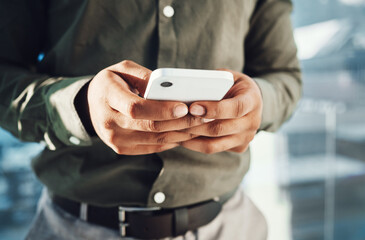 Aufkleber - Hands, business phone and typing in office, texting or social media in company workplace. Technology, cellphone or black man or male entrepreneur with mobile smartphone for networking or web browsing