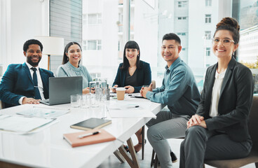 Aufkleber - Portrait, happy and business people in meeting in office for planning, brainstorm and problem solving. Team, face and collaboration by group with diversity, idea and motivation for startup goal plan
