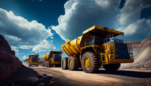 Large Quarry Dump Trucks In Coal Mine. Mining Equipment For The Transportation Of Minerals.