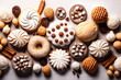 Different sweet pastry products, cookies with tasty cream. Top view. AI generative image.