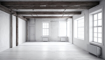 Canvas Print - Empty rustic style interior with white walls, indoor background. AI generative image.