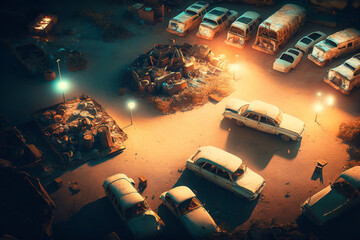 Wall Mural - Aerial view of the old car in the car cemetery, Generative Ai