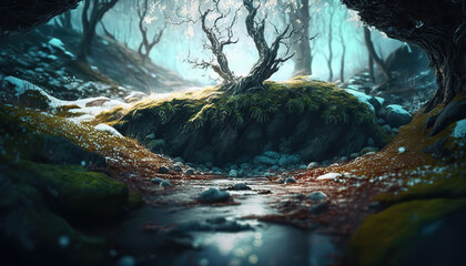 Wall Mural - Beautiful fantasy dense forest landscape with spring pond and blooming trees. Magic woods background with copy space. Fairy tale outdoor backdrop. AI generative image.