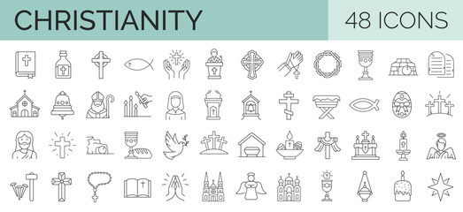 48 line icons realted to christianity, christ, church, religion, god. outline icon collection. vecto