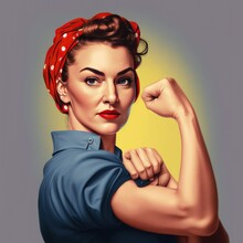 Strong Powerful Fictional AI Generated Woman. Woman's Day Banner. We Can Do It. Woman S Fist Symbol Of Female Power, Fictional Person Created With Generative AI