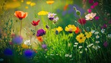 Fototapeta Kwiaty - Beautiful sunny meadow with different multicolored wild flowers. Blooming field outdoor floral background. AI generative image.