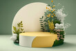 © vlntn - Abstract background with minimal cylindrical podium display and beautiful blossom plants. Springtime showcase layout. AI generative image.