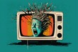 Human head inside a television on colorful background. Crazy concept. Generative AI