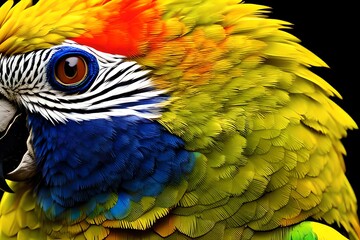 Wall Mural - Beautiful colorful parrot isolated on black background. Close up. Generative AI