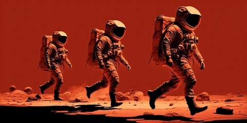 Wall Mural - Astronauts on Mars exploring the red planet by foot, Generative AI