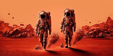 Wall Mural - Astronauts exploring Mars, walking on the red planet's surface, Generative AI