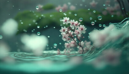 Beautiful spring detailed close up stream of fresh water with young green plants. Horizontal banner, springtime concept. Abstract outdoor wild nature background. AI generative image.